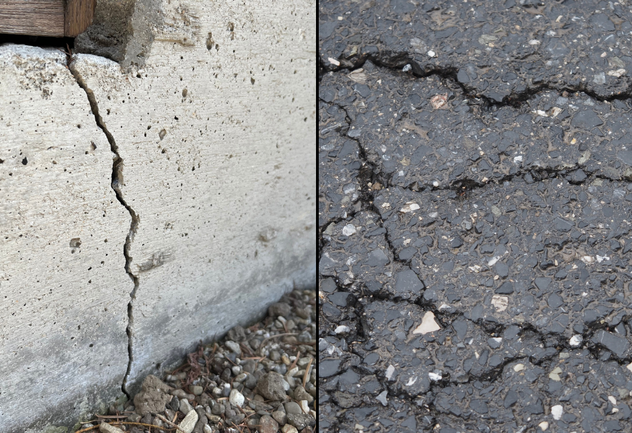 side by side photo of concrete and asphalt damage